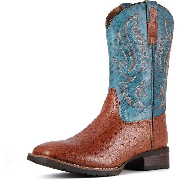 Men‘s Brandy Leather Cowboy Ostrich Patter Square Toe Embroidery Western Boots